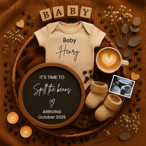 Simple Coffee Pregnancy Announcement Digital,Coffee Boy Baby Announcement,Spill the Beans Social Media,Cafe Latte Gender Neutral,Instant