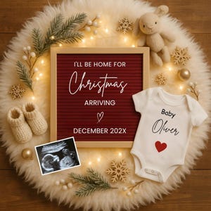 Annuncio di gravidanza a Natale, inverno, annuncio di nascita a dicembre, rivelazione del sesso, modello modificabile neutro per le festività sui social media CP0013