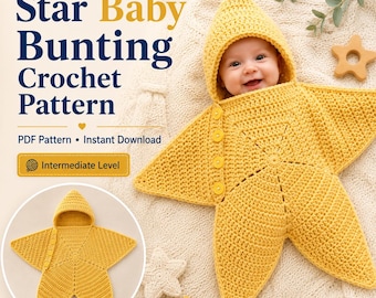 Star Baby Bunting Crochet Pattern, Hooded Newborn Cocoon PDF, 0–3 Months