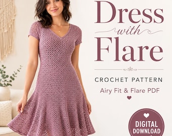 Könnte beinhalten: Ein mauvefarbenes Häkelkleid mit V-Ausschnitt, kurzen Ärmeln und ausgestelltem Rock. Der Text auf dem Bild lautet: Dress with Flare, CROCHET PATTERN, Airy Fit & Flare PDF, sowie ein kreisförmiges Abzeichen mit DIGITAL DOWNLOAD.