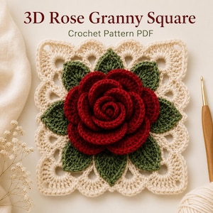 May include: A square crochet motif featuring a central dark red 3D rose surrounded by dark green leaves on a cream-colored lacy background. The text 3D Rose Granny Square Crochet Pattern PDF is displayed above the square, with a wooden crochet hook nearby.