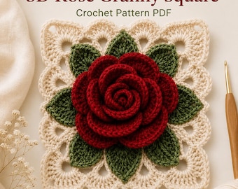 3D Rose Granny Square Crochet Pattern PDF, Floral Crochet Motif, Rose Blanket Square, Pillow Table Runner Wall Decor Instant Download