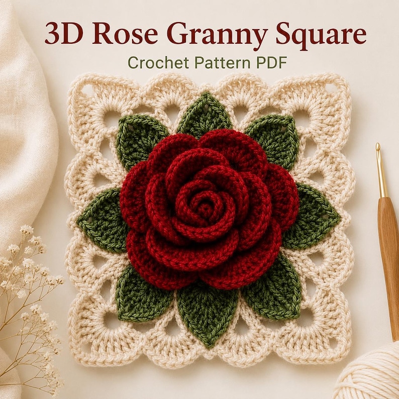 May include: A square crochet motif featuring a central dark red 3D rose surrounded by dark green leaves on a cream-colored lacy background. The text 3D Rose Granny Square Crochet Pattern PDF is displayed above the square, with a wooden crochet hook nearby.