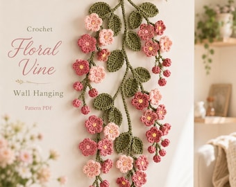 Crochet Floral Vine Wall Hanging Pattern PDF, Boho Flower Wall Decor, Instant Download