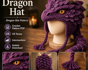 Dragon Hat Crochet Pattern PDF, Fantasy Dragon Beanie, Crocodile Stitch Cosplay Hat, Earflap Hat Tutorial, Instant Download