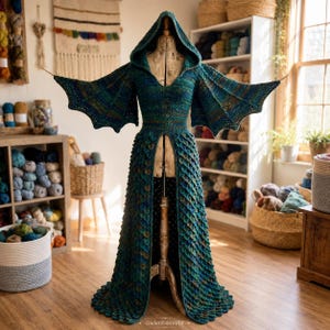 K&ouml;nnte beinhalten: Ein bodenlanges, geh&auml;keltes Kleid mit Kapuze in Blau-, Gr&uuml;n- und Petrolt&ouml;nen. Das Kleidungsst&uuml;ck hat weite, fl&uuml;gelartige &Auml;rmel und ein strukturiertes, schuppenartiges Muster am Rock. Die Vorderseite ist offen und zeigt ein dunkles Futter.