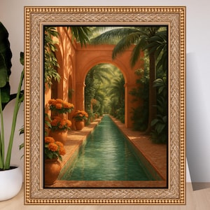 Moroccan Courtyard Wall Art Print – Tropical Oasis Archway Pool Digital Download, Boho Landscape Poster for Home Decor