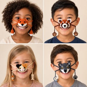 May include: Four crochet nose covers featuring animal faces: an orange fox with tail charms, a brown red panda with paw charms, a calico cat with fish bone charms, and a grey wolf with moon and paw charms, each secured by thin yarn straps.