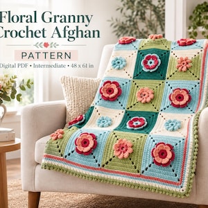 Può includere: Uno schema per coperta all'uncinetto intitolato Floral Granny Crochet Afghan, PDF digitale, livello intermedio, 122 x 155 cm. La coperta presenta una griglia di quadrati color crema, azzurro e verde, decorati con fiori tridimensionali all'uncinetto rosa e blu.