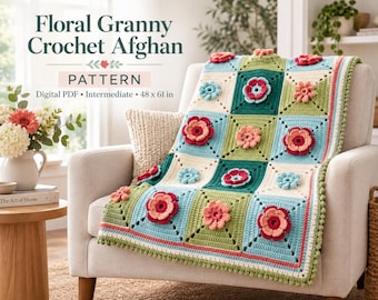 Flower Granny Square Blanket Crochet Pattern PDF, 3D Floral Afghan, Cottagecore Crochet Throw