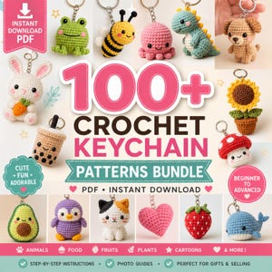 Bundel met meer dan 100 haakpatronen voor sleutelhangers (PDF), mini-amigurumi dieren, etenswaren en tasbedels.