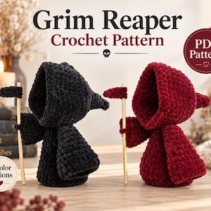 Op de afbeelding: Twee gehaakte Grim Reaper-figuren, één zwart en één donkerrood, elk met een capuchon en een kleine houten staf met een zeisblad. De tekst luidt Grim Reaper Crochet Pattern en PDF Pattern met 2 Color Options.
