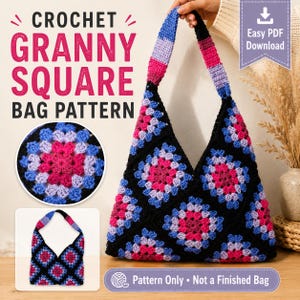 Puede incluir: Un patrón de ganchillo para un bolso de cuadrados granny en negro, rosa y azul. El texto dice CROCHET GRANNY SQUARE BAG PATTERN y Easy PDF Download. La imagen muestra un bolso terminado y un primer plano del patrón cuadrado.