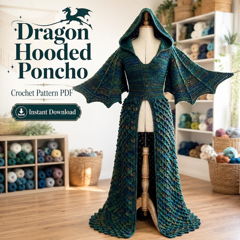 Dragon hooded poncho crochet pattern PDF showing a teal fantasy cloak with deep hood, wing-inspired sleeves and long layered scale skirt.