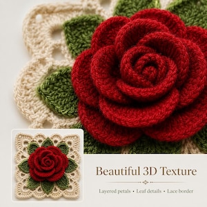 May include: A square crochet motif featuring a prominent three-dimensional red rose at the center, surrounded by green leaves and a cream-colored lace border. The text "Beautiful 3D Texture" is displayed alongside "Layered petals", "Leaf details", and "Lace border".
