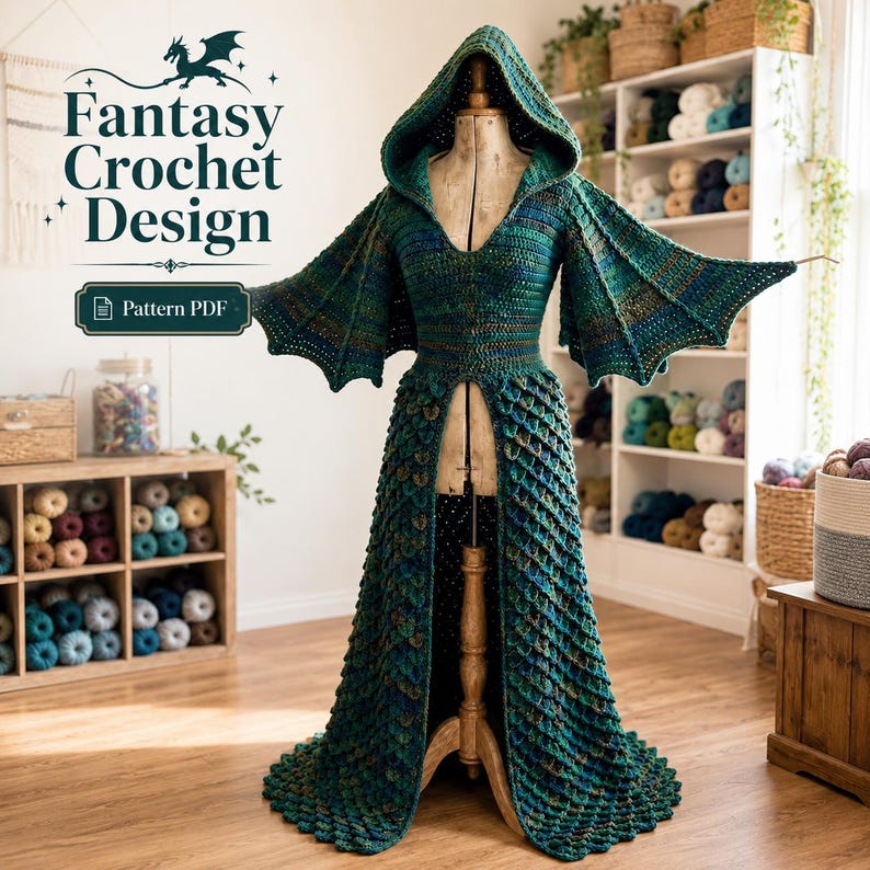 Dragon Hooded Poncho Crochet Pattern PDF, Fantasy Scale Cloak with Wing Sleeves Bild 6