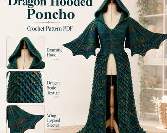 Könnte beinhalten: Eine Häkelanleitung als PDF für einen Drachen-Kapuzenponcho in Dunkelgrün und Blau. Das Kleidungsstück verfügt über eine spitze Kapuze, flügelartige Ärmel und einen strukturierten Körper mit einem Schuppenmuster sowie einem Schlitz vorne.