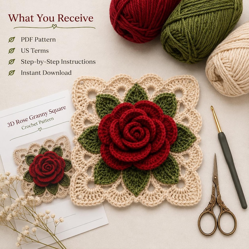 May include: A 3D rose granny square crochet pattern featuring a red rose with green leaves on a cream background. The image includes text: What You Receive, PDF Pattern, US Terms, Step-by-Step Instructions, Instant Download, 3D Rose Granny Square.