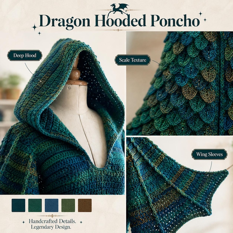 Dragon Hooded Poncho Crochet Pattern PDF, Fantasy Scale Cloak with Wing Sleeves Bild 4