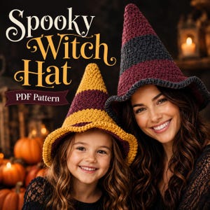 May include: Two crocheted witch hats, one featuring yellow and dark purple stripes and the other featuring dark red and charcoal gray stripes. The text "Spooky Witch Hat" and "PDF Pattern" is displayed in white and yellow lettering.