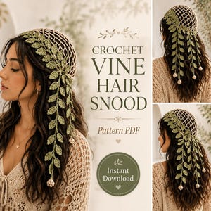 May include: A crochet hair snood featuring a beige net pattern adorned with long, hanging green vine strands with small leaves and light-colored flower buds at the ends. The text reads CROCHET VINE HAIR SNOOD, Pattern PDF, and Instant Download.