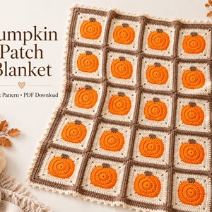 Può includere: Una coperta all'uncinetto con una griglia di motivi quadrati, ognuno dei quali mostra una zucca arancione con un picciolo marrone su sfondo crema, incorniciata da bordi marroni. Il testo recita Pumpkin Patch Blanket Crochet Pattern PDF Download.