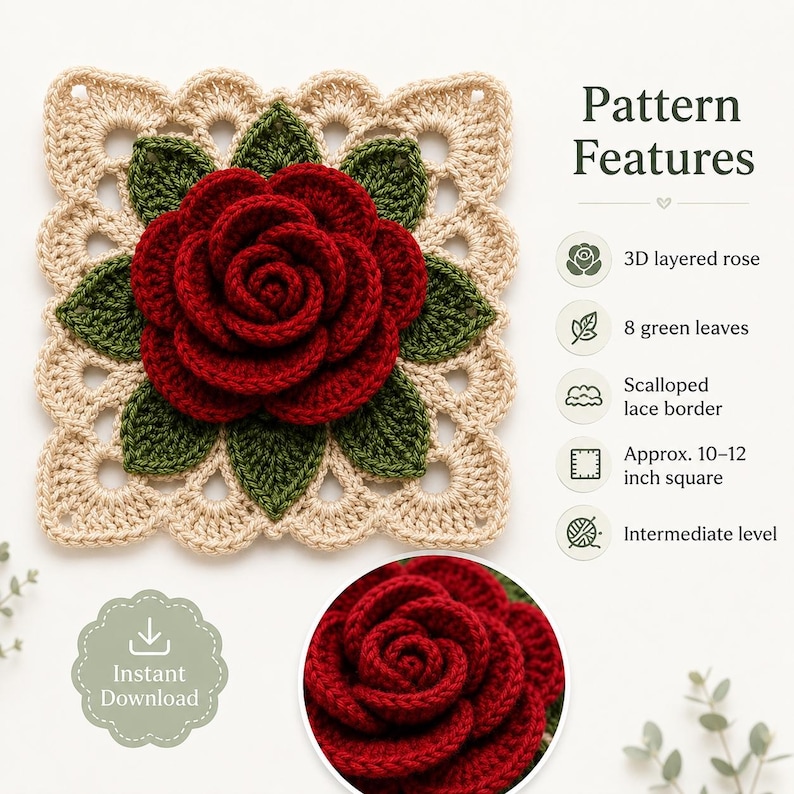 May include: A square crochet motif featuring a 3D layered red rose surrounded by eight green leaves on a beige scalloped lace border. Text includes Pattern Features, 3D layered rose, 8 green leaves, Scalloped lace border, 10-12 inch square, and Instant Download.