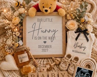 Winnie-the-Pooh Pregnancy Announcement Template, Our Little Hunny Baby Reveal, Editable Baby Announcement, Neutral Boho Digital Download