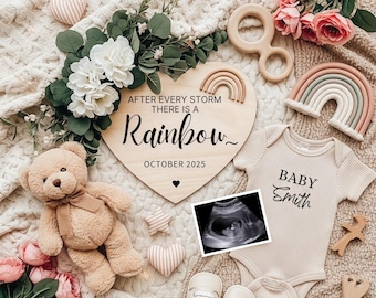 Rainbow Pregnancy Announcement Editable Rainbow Baby Digital Pregnancy Neutral Social Media Reveal, Boho Baby Reveal After Every Storm