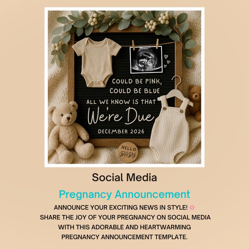 May include: A pregnancy announcement featuring a letterboard with the text "We're Due December 2026." The board is decorated with baby clothes, a sonogram, a teddy bear, and greenery. The text "Could be Pink, Could be Blue" is also displayed.
