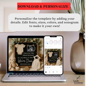 May include: A laptop and smartphone display a digital pregnancy announcement template. The template includes a baby onesie, a sonogram image, and the text "Could be Pink, Could be Blue, All We Know is That We're Due December 2026". The top banner reads "DOWNLOAD & PERSONALIZE".