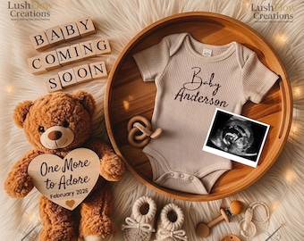 One More to Adore Pregnancy Announcement, Editable Baby Reveal Template, Digital Neutral Baby Announcement, April 2026 boho Pregnancy Reveal