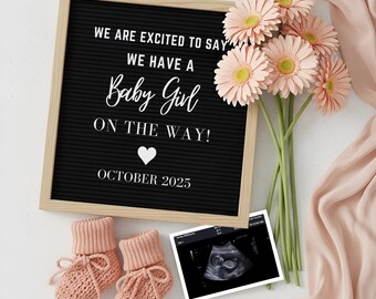 Bearbeitbare Baby Mädchen Ankündigung Vorlage Digitale Schwangerschaft offenbaren Rosa Blumen Geschlecht offenbaren für soziale Medien Sofortiger Download