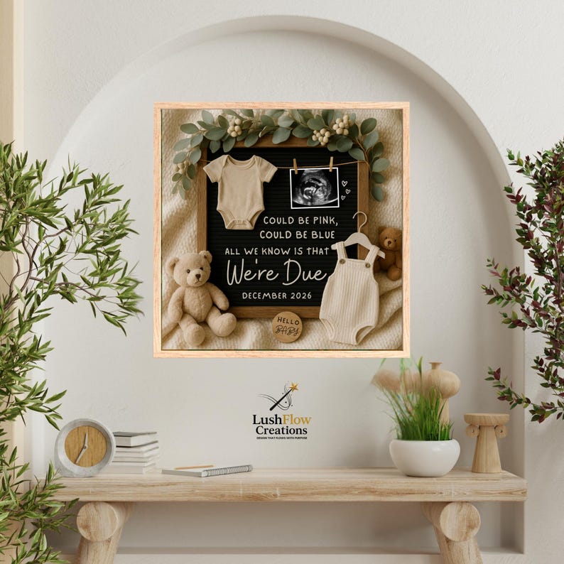 May include: A framed pregnancy announcement with a neutral color scheme. The announcement includes a letter board with the text "COULD BE PINK, COULD BE BLUE, ALL WE KNOW IS THAT We're Due DECEMBER 2026." A teddy bear, baby clothes, and a sonogram image are also featured.