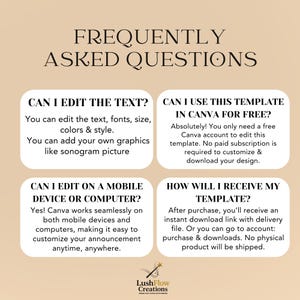 May include: A beige graphic with the text "FREQUENTLY ASKED QUESTIONS" at the top. Four white boxes contain questions and answers about editing text, using Canva, mobile device editing, and template delivery. The LushFlow Creations logo is at the bottom.