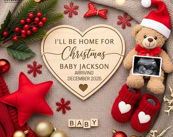 Weihnachtsschwangerschaftsankündigung, geschlechtsneutrale Feiertags-Baby-Enthüllung, bearbeitbare Social-Media-Vorlage Ich werde zu Weihnachten zu Hause sein