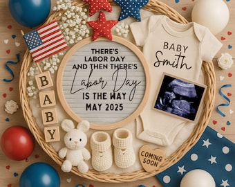 Anuncio de embarazo para el Día del Trabajo: Un significado completamente nuevo. Cartel digital patriótico para anunciar el nacimiento de un bebé (plantilla digital).