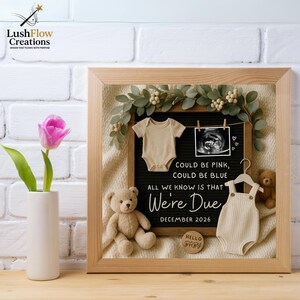 May include: A framed baby announcement with a beige onesie, ultrasound image, and the text "Could be Pink, Could be Blue, All We Know Is That We're Due December 2026." A teddy bear and a pink tulip are also visible.