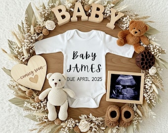 Neutrale digitale Schwangerschaftsankündigung, bearbeitbare Baby offenbaren für Social Media, Gender Reveal, Baby Fälligkeitsdatum, Boho Beige Letter Board