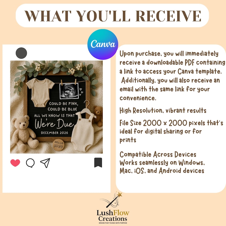 May include: A pregnancy announcement template with a chalkboard, baby clothes, and a teddy bear. The chalkboard reads "Could be Pink, Could be Blue, All We Know Is That We're Due December 2026." The Canva logo is visible.