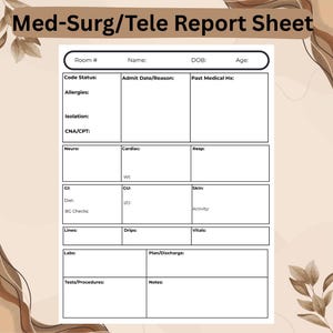 Peut inclure: Une feuille de rapport Med-Surg/Tele blanche avec du texte noir. La feuille comprend des sections pour les informations sur le patient, l'état du code, les allergies et les antécédents médicaux. Elle comporte également des zones pour les évaluations neurologiques, cardiaques et respiratoires.
