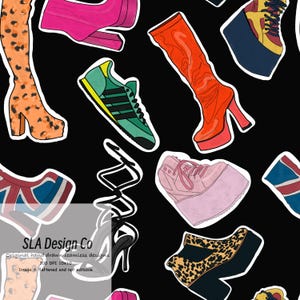 May include: Seamless pattern featuring various colorful shoes, including boots, sneakers, and platform heels, on a black background. The design includes orange leopard print boots, green sneakers, and pink platform shoes. The text "SLA Design Co" is visible.