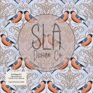 Blue and Gold Song Bird, Ornate Birds Seamless Pattern, Elegant Digital Paper, Vintage Bird Background, Instant download for sublimation