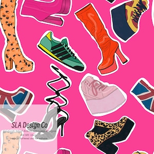 May include: Seamless pattern of various shoes, including boots, sneakers, and heels, in vibrant colors like orange, pink, and green, set against a bright pink background. The design includes the text "SLA Design Co".