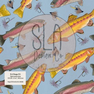 Rainbow Trout fishing seamless PNG digital file, fish pattern, fish digital paper design, fishing flies, cottage core, wilderness lover