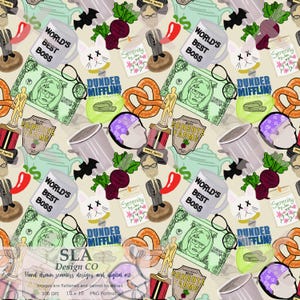May include: A repeating pattern featuring various elements from the TV show "The Office." The design includes "World's Best Boss" mugs, Dunder Mifflin paper, Schrute Farms logos, and character illustrations. The color palette is a mix of beige, green, and red.