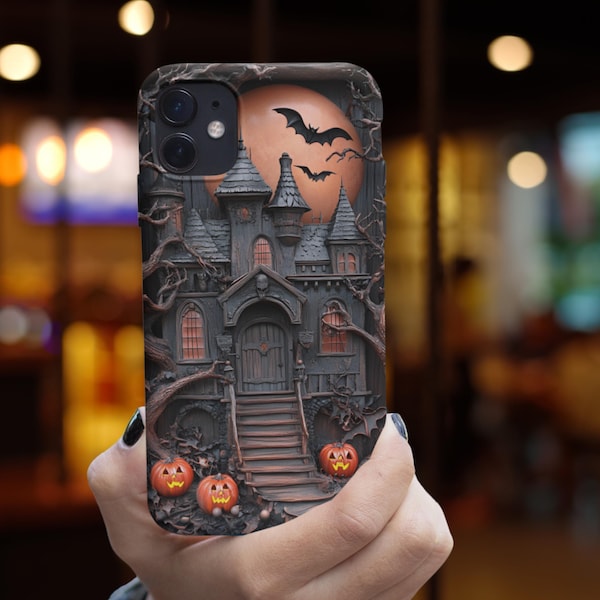 Halloween Haunted House Phone Case, Faux Carved Wood Phone Case, Spooky Halloween Phone Case, 3D Effect Horror Haunted Mansion Phone Case