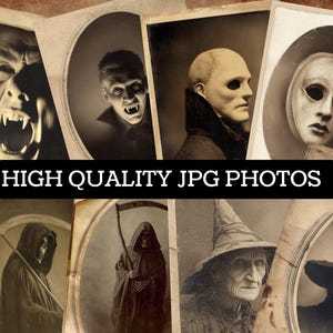 May include: A collection of vintage-style photographs featuring classic Halloween and horror themes. Images include a vampire, a person wearing a mask, and figures in cloaks with scythes. The text "HIGH QUALITY JPG PHOTOS" is displayed.