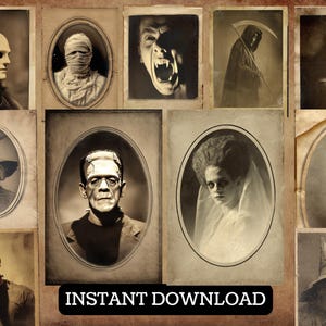 May include: A selection of sepia-toned portraits of classic horror characters, such as a mummy, Frankenstein's monster, a witch, and a vampire. The images are arranged on a textured background. Text reads "INSTANT DOWNLOAD".