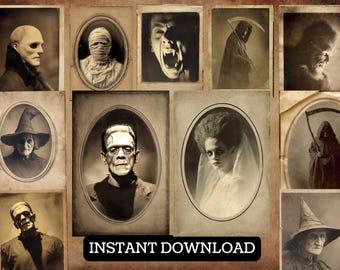 Horror Icons Photo Collection Dracula, Frankenstein, Creepy Vintage Halloween Printable, Gothic Ephemera for Junk Journal Scrapbook Cards